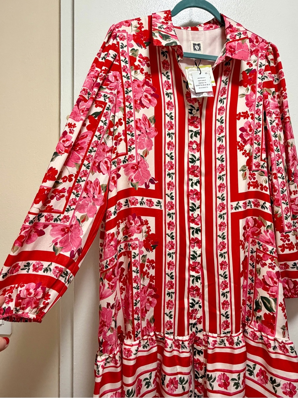 NWT Anne Klein Women's Size 14 Printed Red and Pink Flounce-Hem Shirtdress - Picture 6 of 7